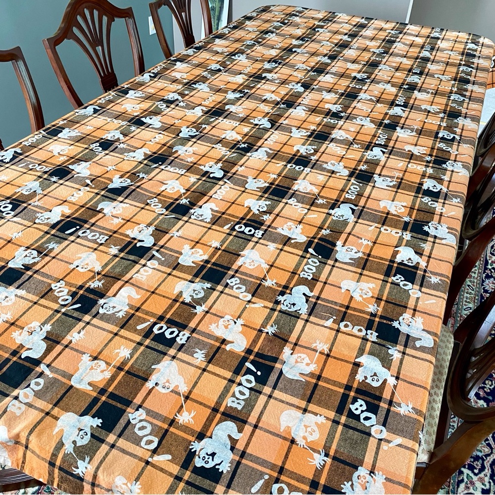 Fall Halloween Cotton Tablecloth Large 58 x 95 inch Reversible Orange Plaid